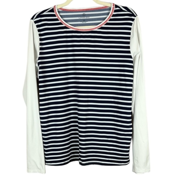 Lands’ End UPF 50 Rash Guard Blue and White Striped Shirt with Red Trim Size 0X - Picture 1 of 8